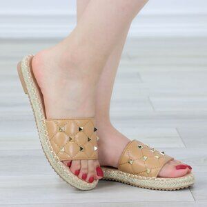 Tan Flat Sandal Slip On Sliders Trendy Espadrille Gold Studs Quilted Toe Band